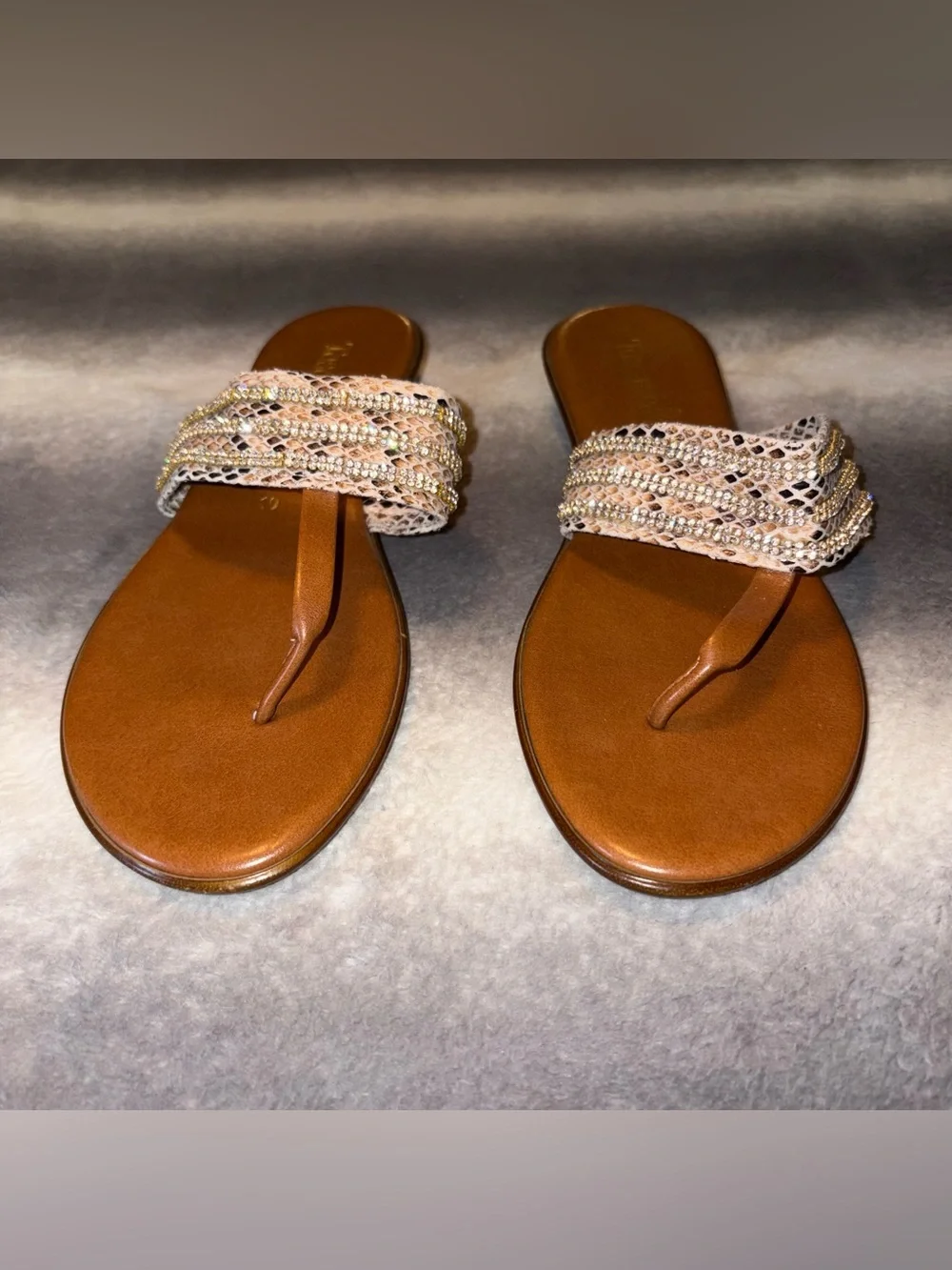 Toscanella Brown Leather Snakeskin Rhinestone Thong Sandals Sz 10 Made in Italy